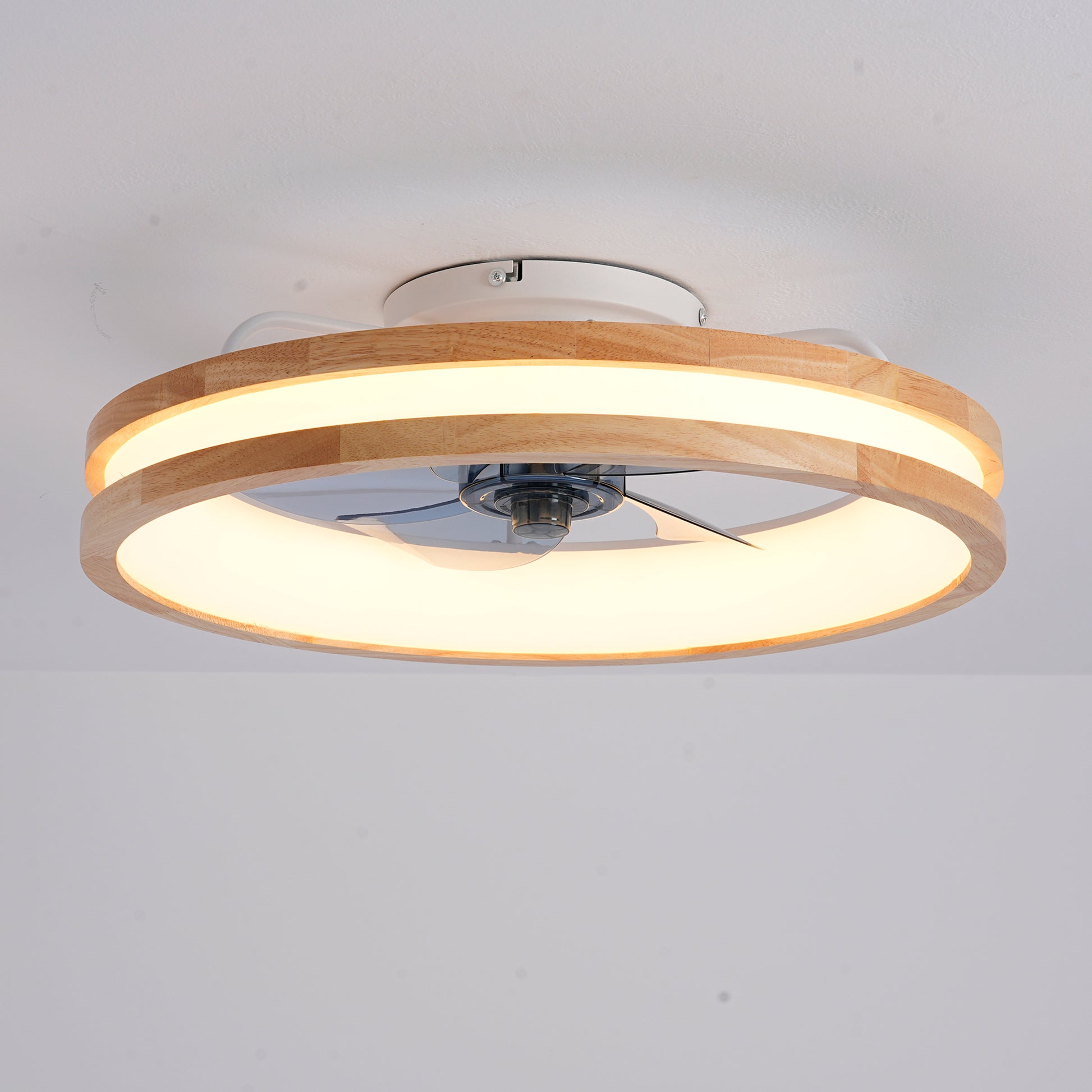 Natural Wood & White Flush Mount Ceiling Fan with Dimmable LED - view 18