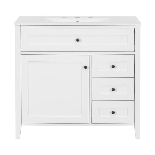 36" White Bathroom Vanity with Sink and Door Storage Rack