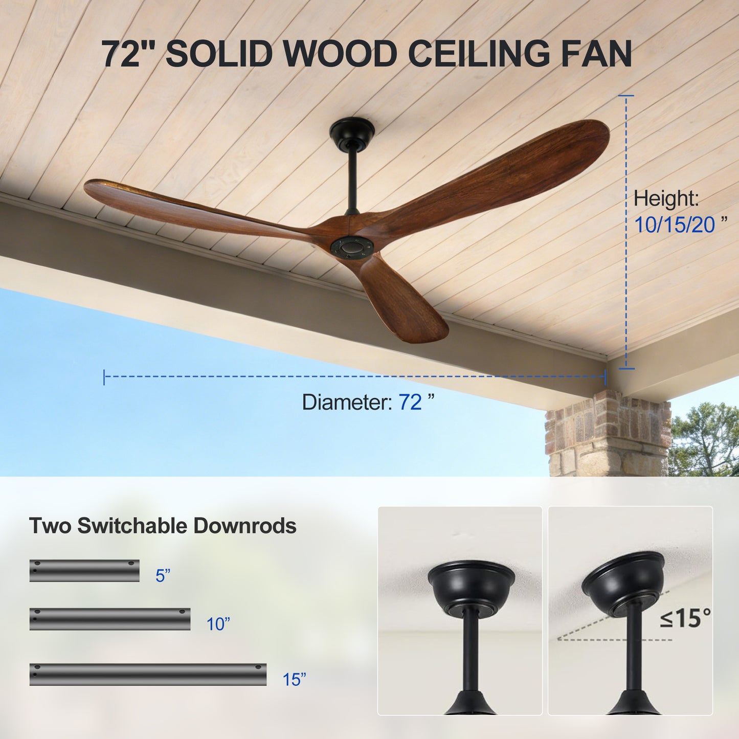 72" Walnut Solid Wood Ceiling Fan with Remote - view 14