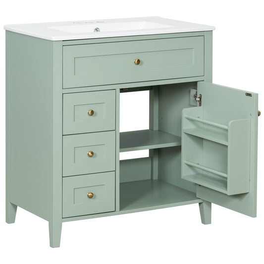 30" Green Bathroom Vanity with Sink and Door Storage Rack