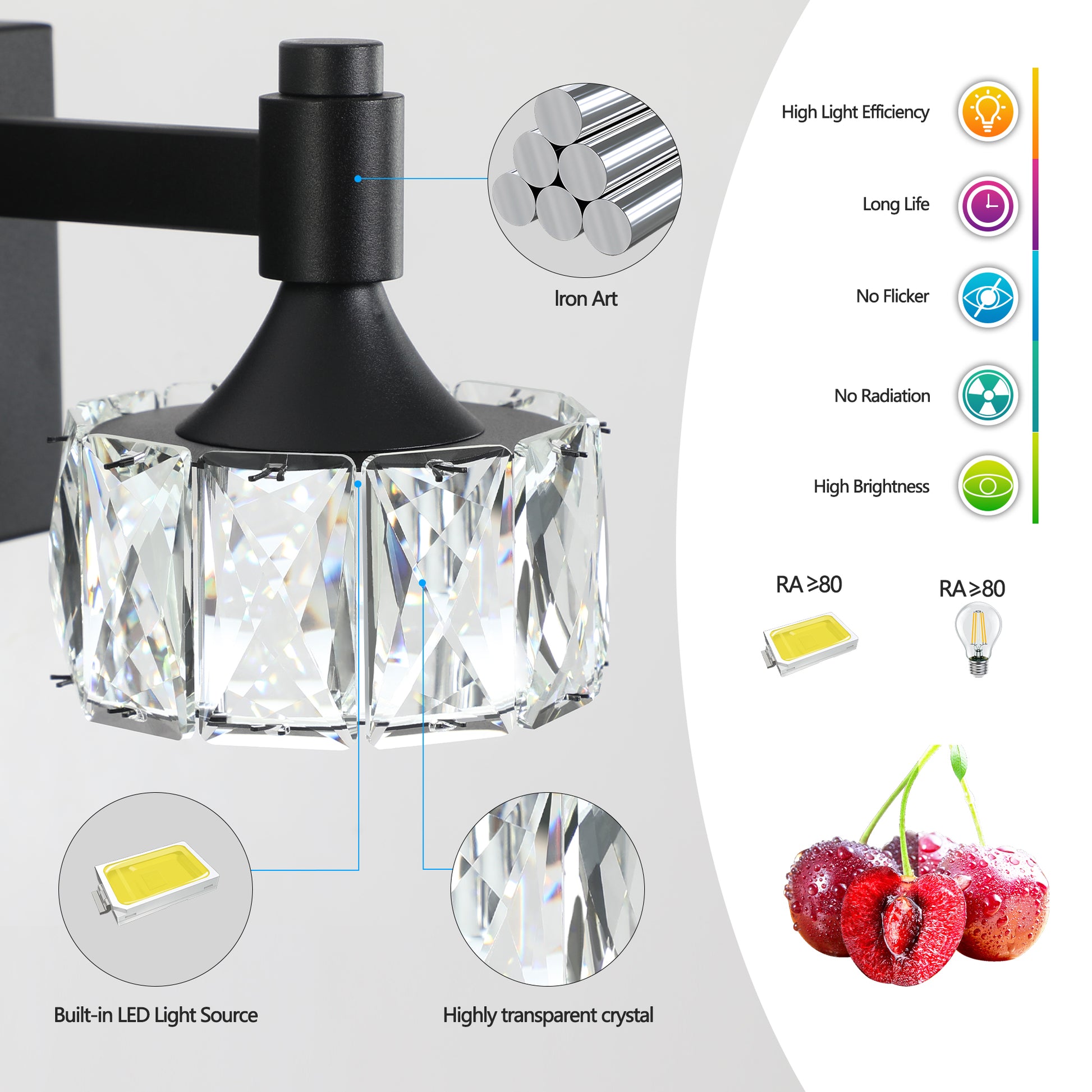 4-Light Matte Black LED Vanity Light with Crystal Glass - view 6