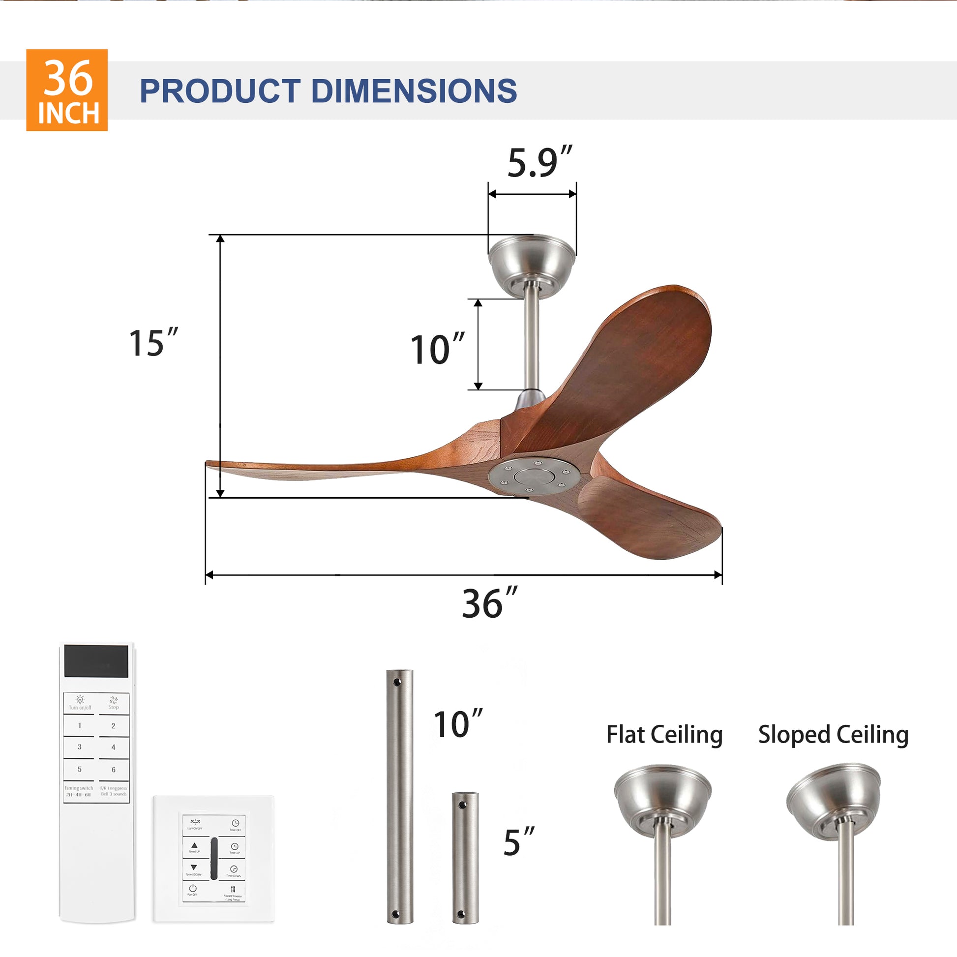 36" Satin Nickel Walnut Wood Ceiling Fan with Remote - view 10