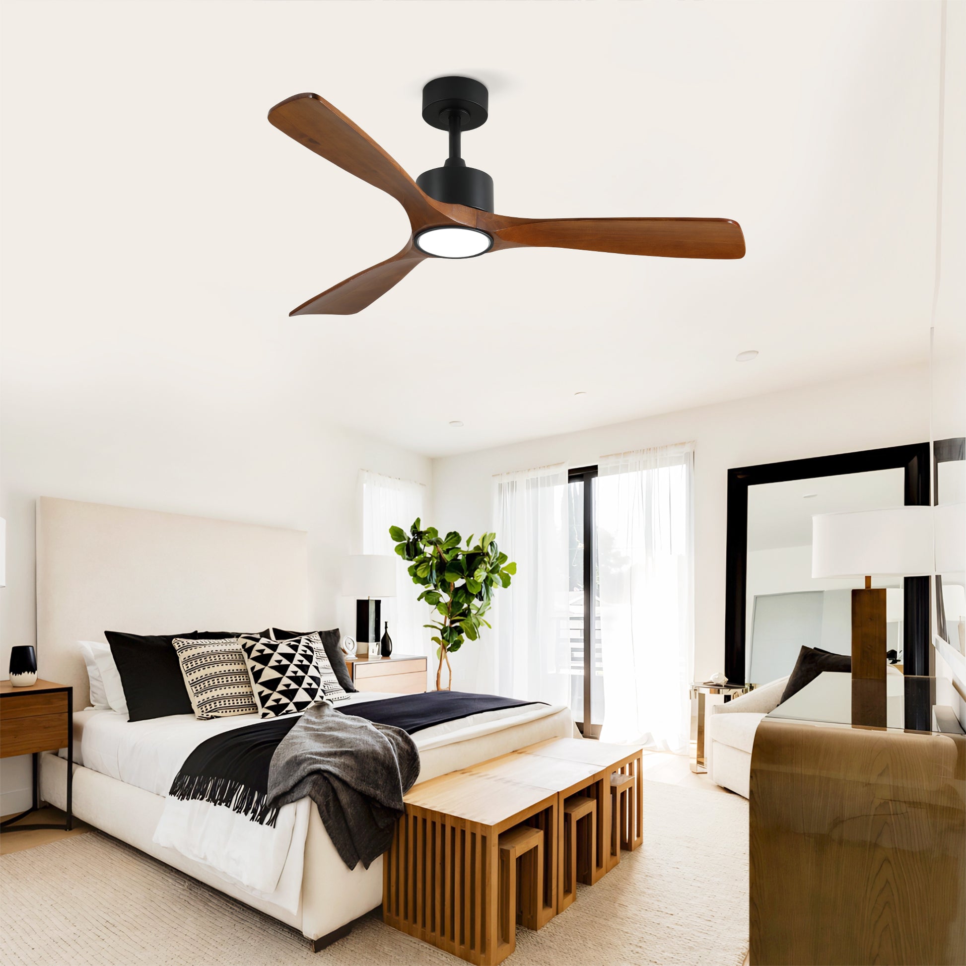 52" Matte Black Solid Wood Ceiling Fan with Dimmable LED - view 4
