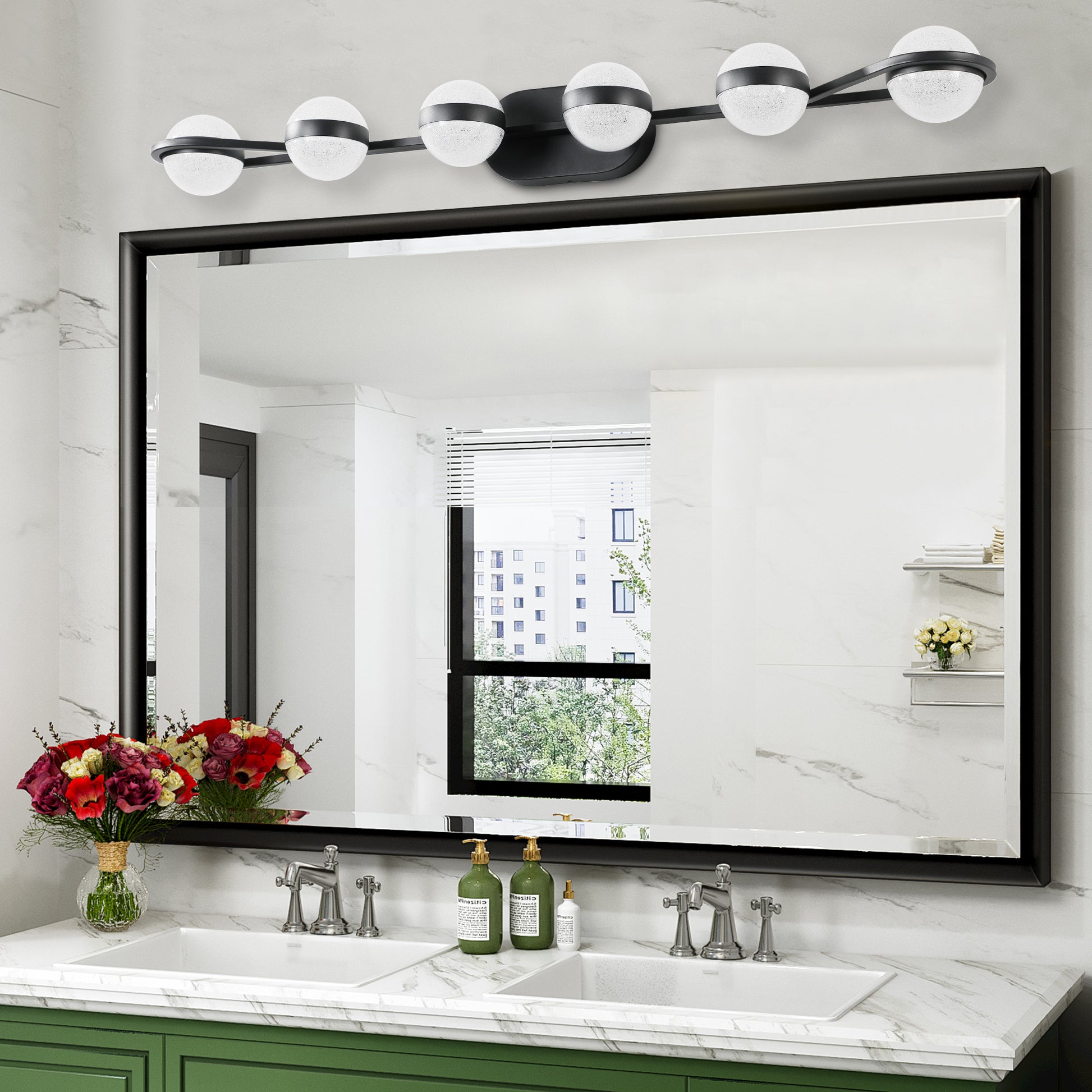 43" 6-Light Black LED Vanity Light with Crystal Sand Shades - view 6