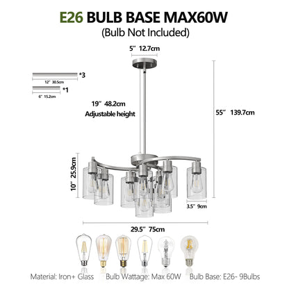 9-Light Brushed Nickel Farmhouse Glass Chandelier - view 7