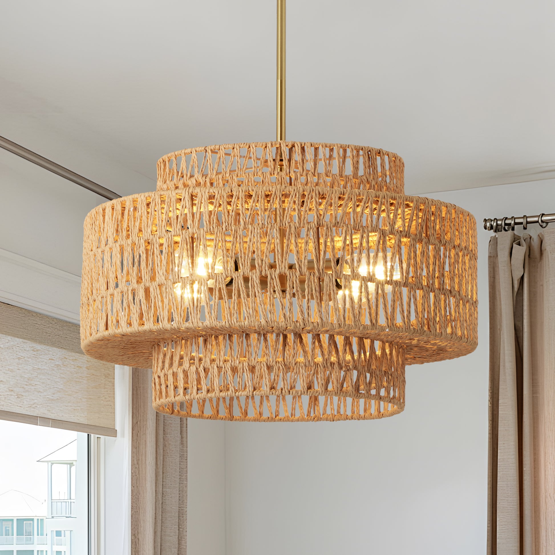 17.7" 4-Light Boho Rattan Woven Chandelier
