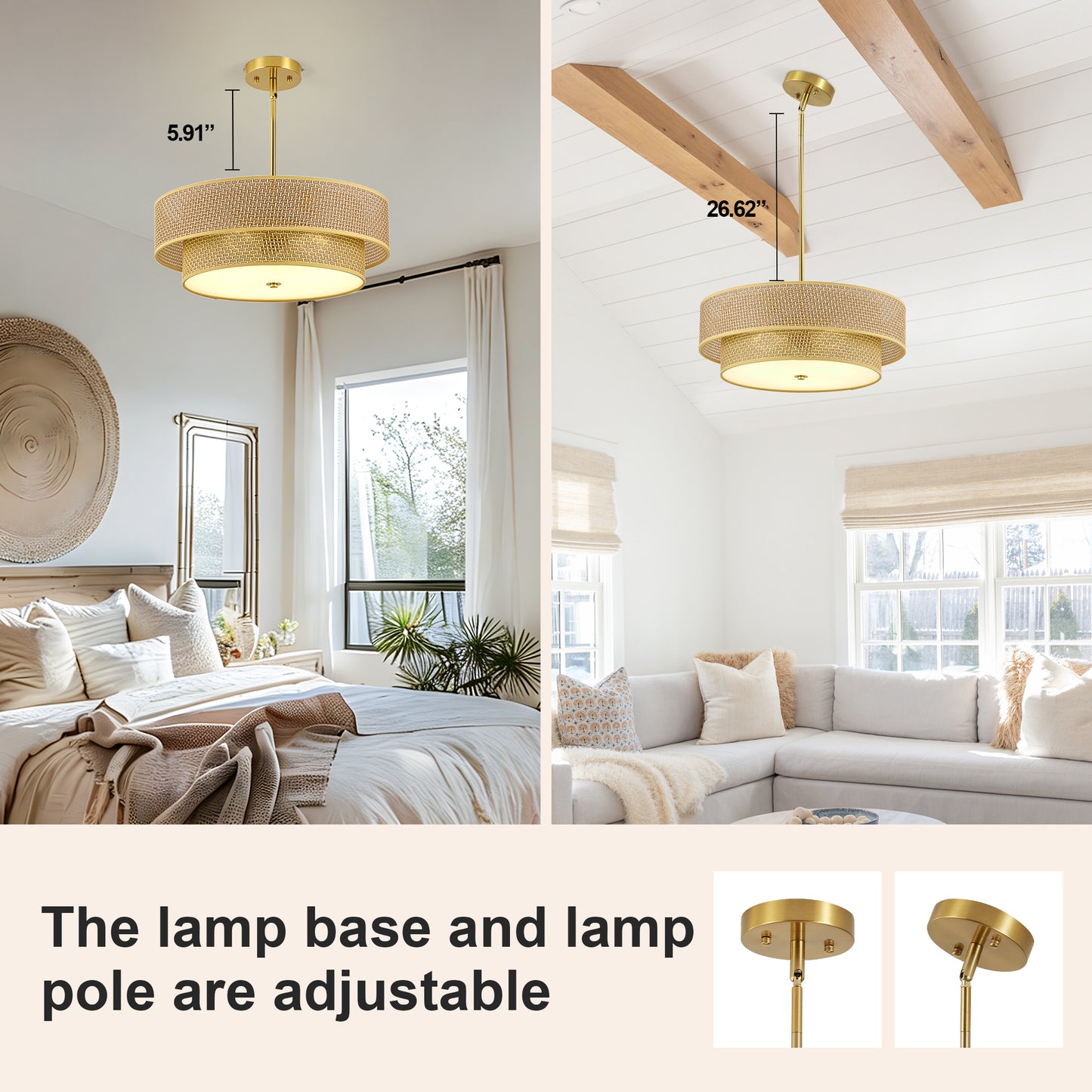 17.7" Gold Woven Rattan Semi Flush Mount Chandelier - view 7