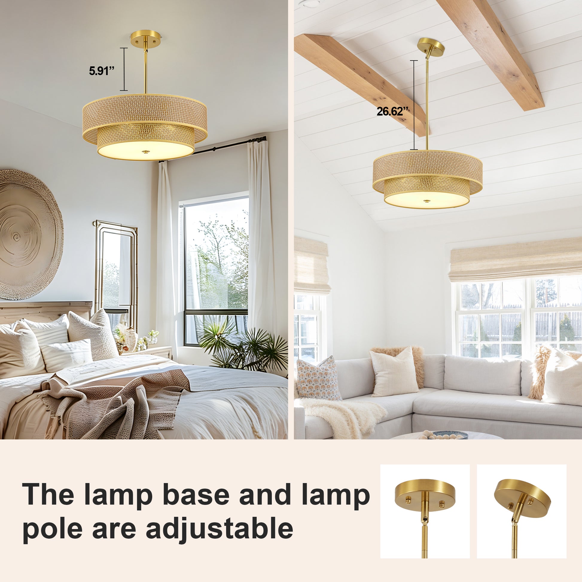 17.7" Gold Woven Rattan Semi Flush Mount Chandelier - view 7