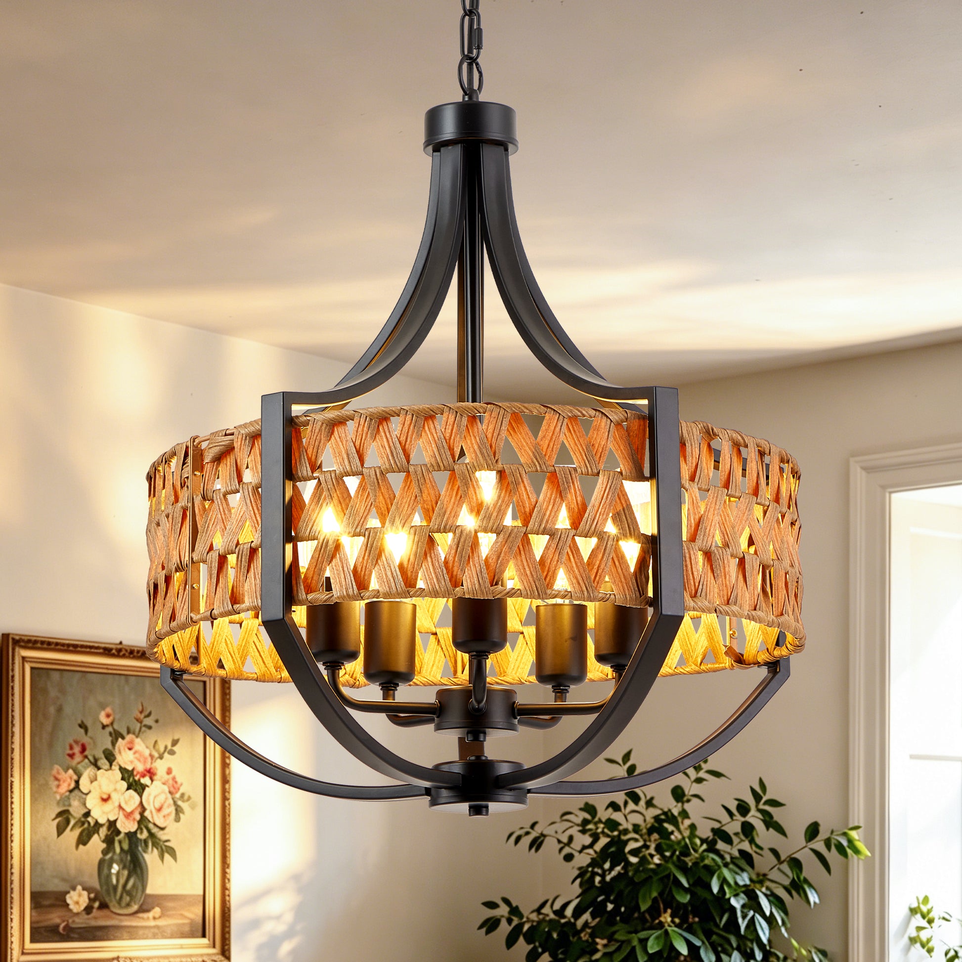 19.7" 5-Light Black Rattan Boho Chandelier