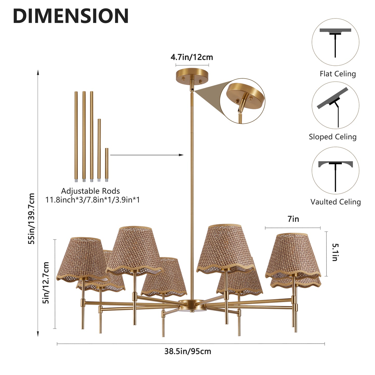 38.6" 8-Light Gold Rattan Farmhouse Chandelier - view 7