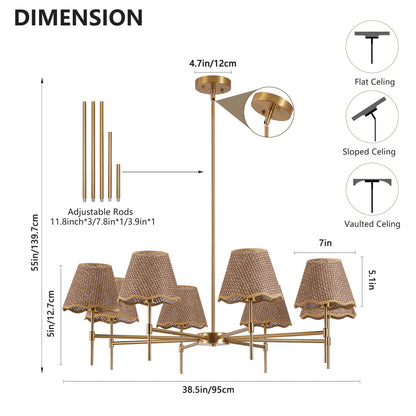 38.6" 8-Light Gold Rattan Farmhouse Chandelier - view 7