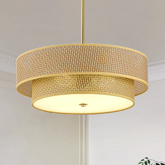 17.7" Gold Woven Rattan Semi Flush Mount Chandelier