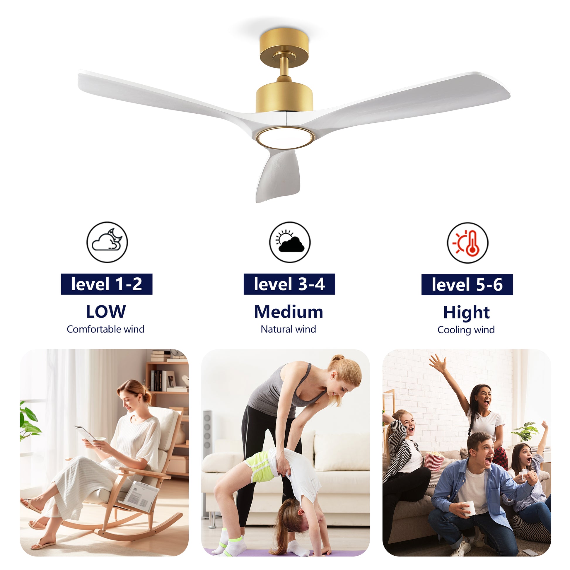 52" Gold and White Solid Wood Ceiling Fan with Dimmable LED - view 9