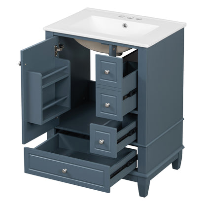 24" Blue Gray Bathroom Vanity with Sink, 3 Drawers & Turned Legs