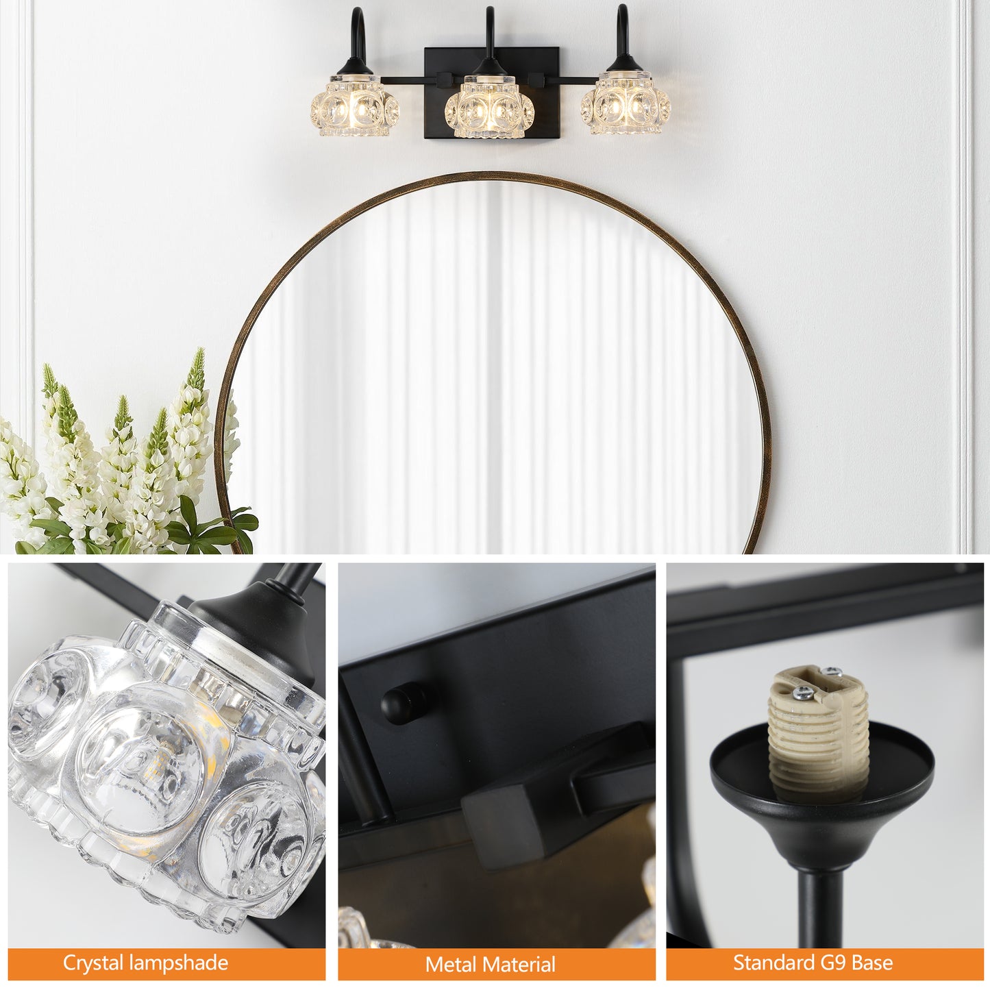 17" 3-Light Black Vanity Light with Crystal Glass - view 5