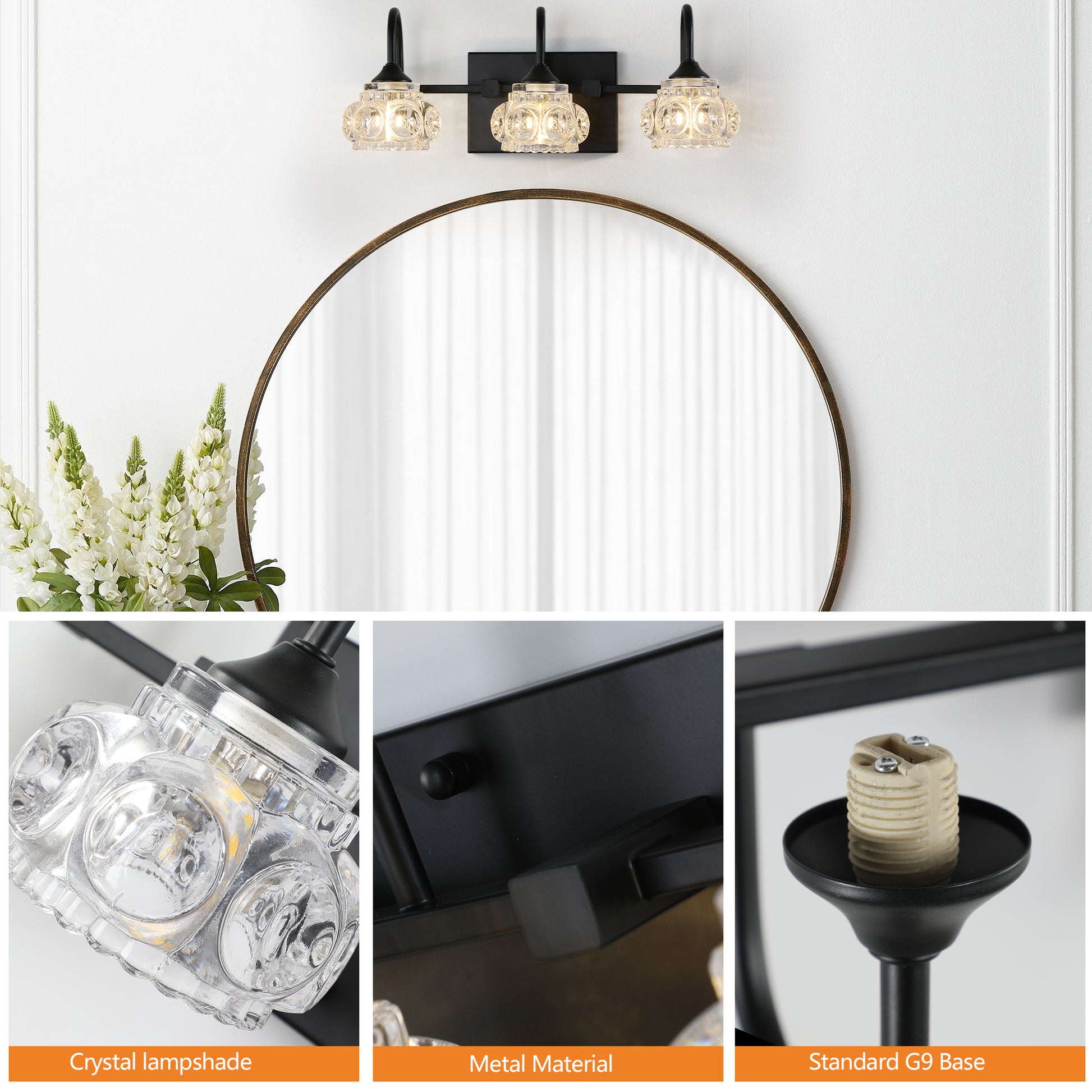 17" 3-Light Black Vanity Light with Crystal Glass - view 5