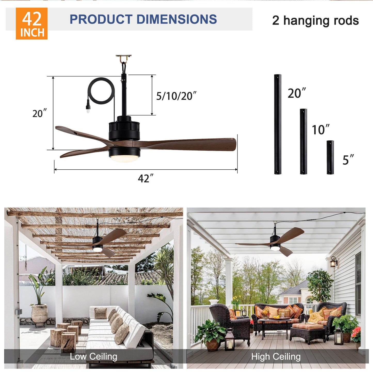 42" Matte Black & Wood Outdoor Ceiling Fan with LED Light - view 6