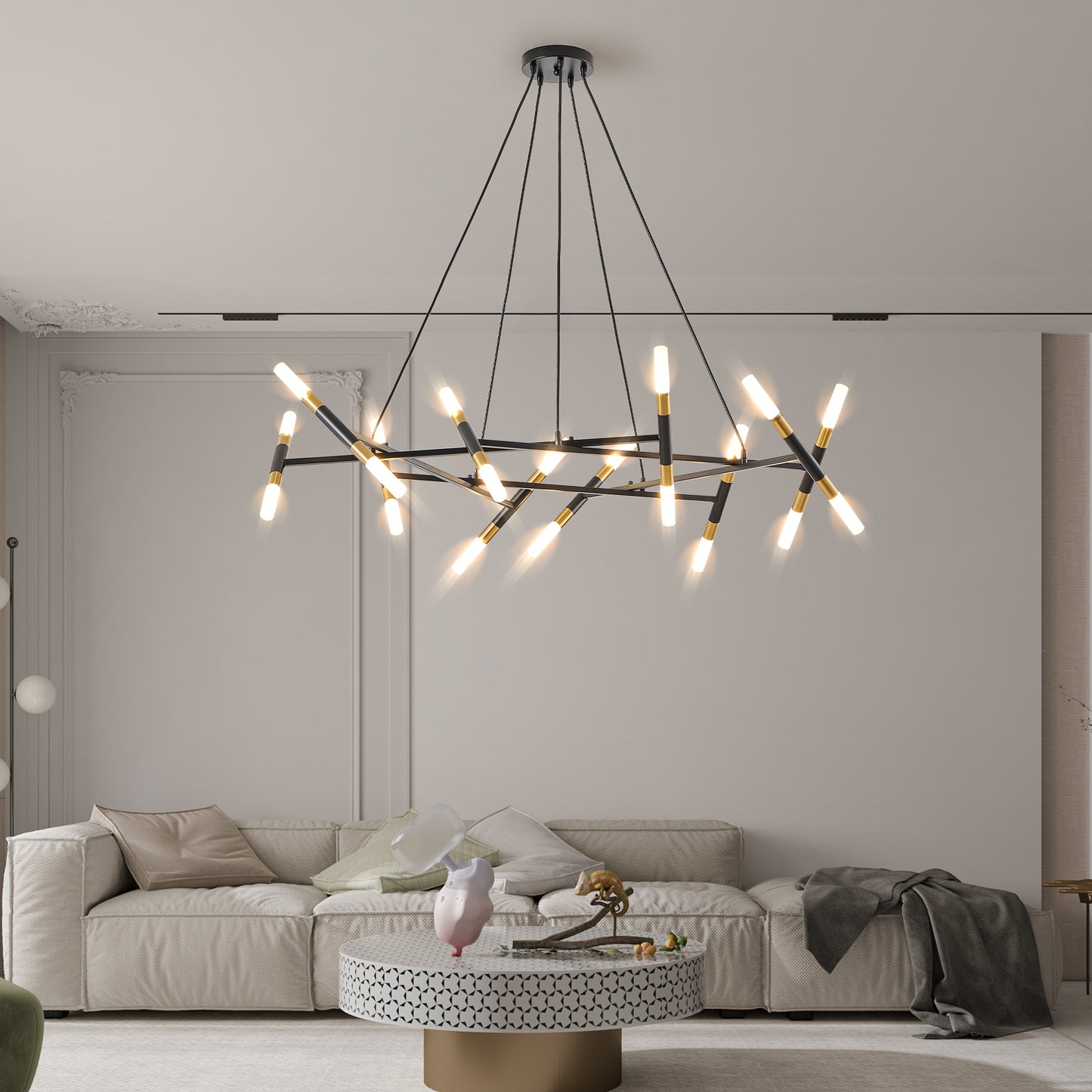 41" Black & Gold Branch Chandelier with Frosted Tubes - view 3