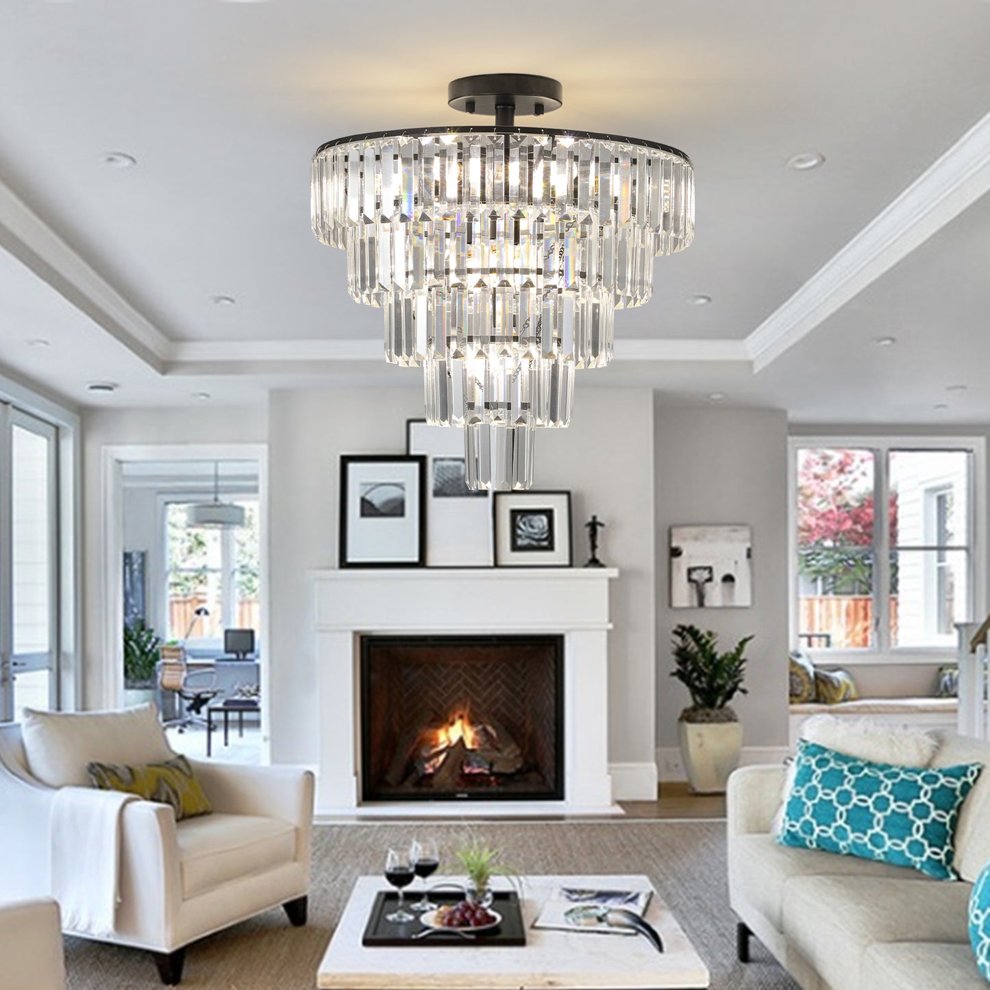 20" Black Crystal Flush Mount Chandelier, 10-Light