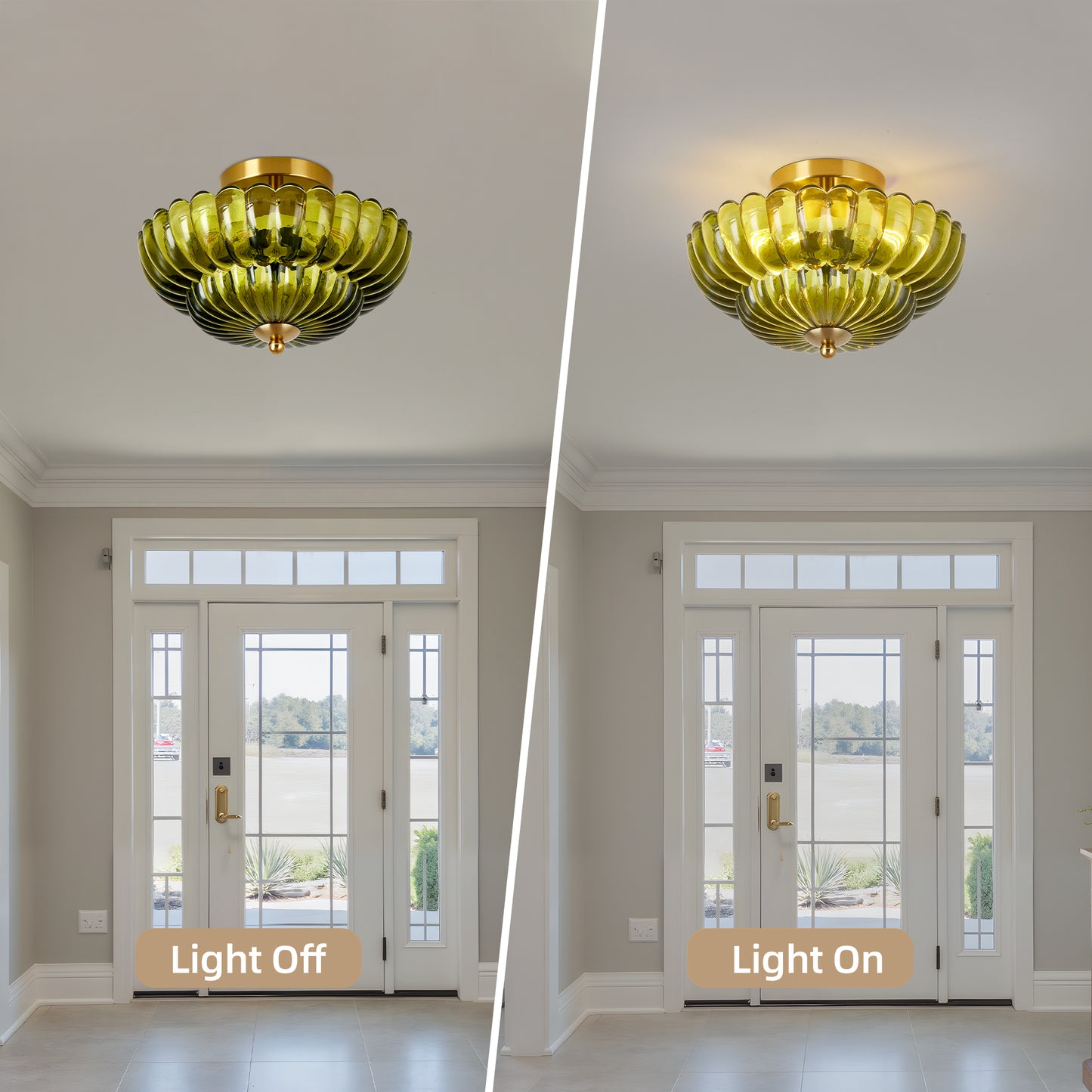 11.8" 3-Light Green Flower Glass Semi Flush Ceiling Light - view 7