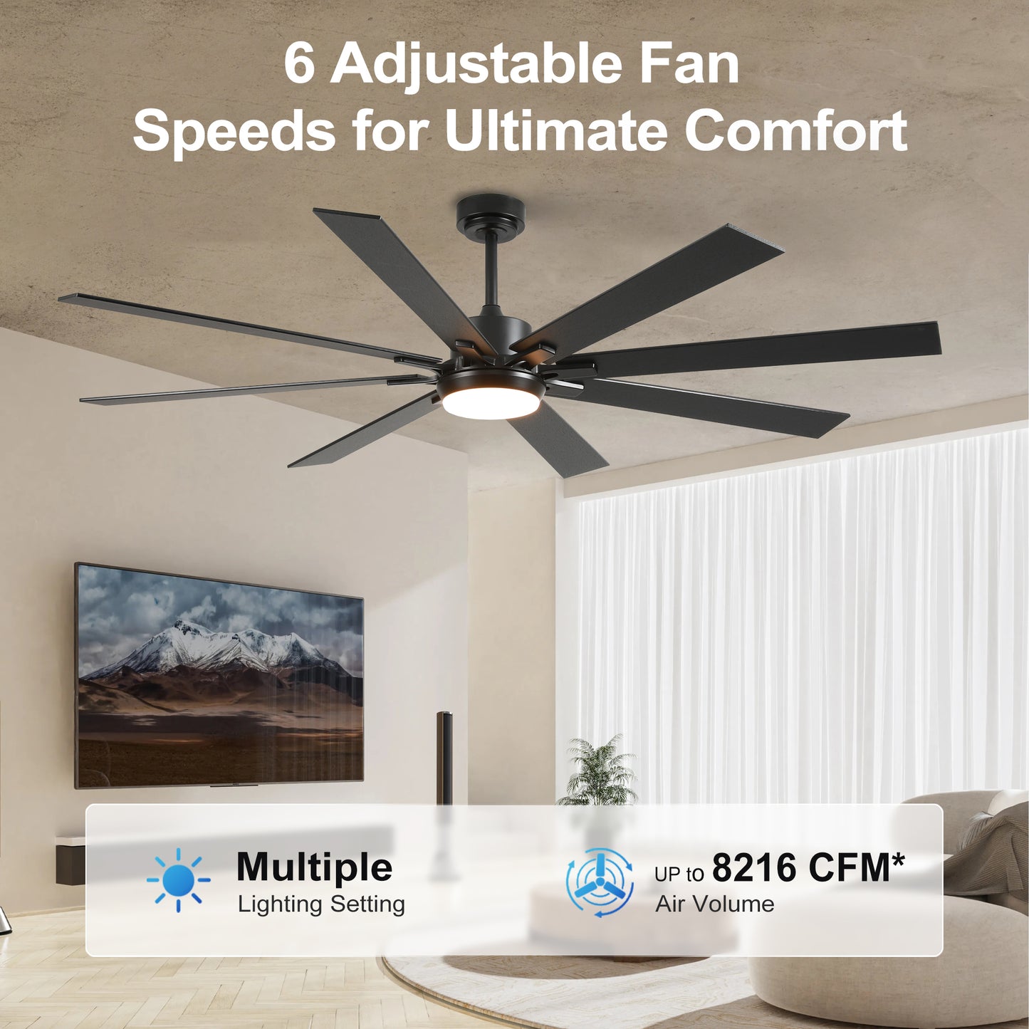 72" Matte Black 8-Blade Ceiling Fan with Dimmable LED - view 5