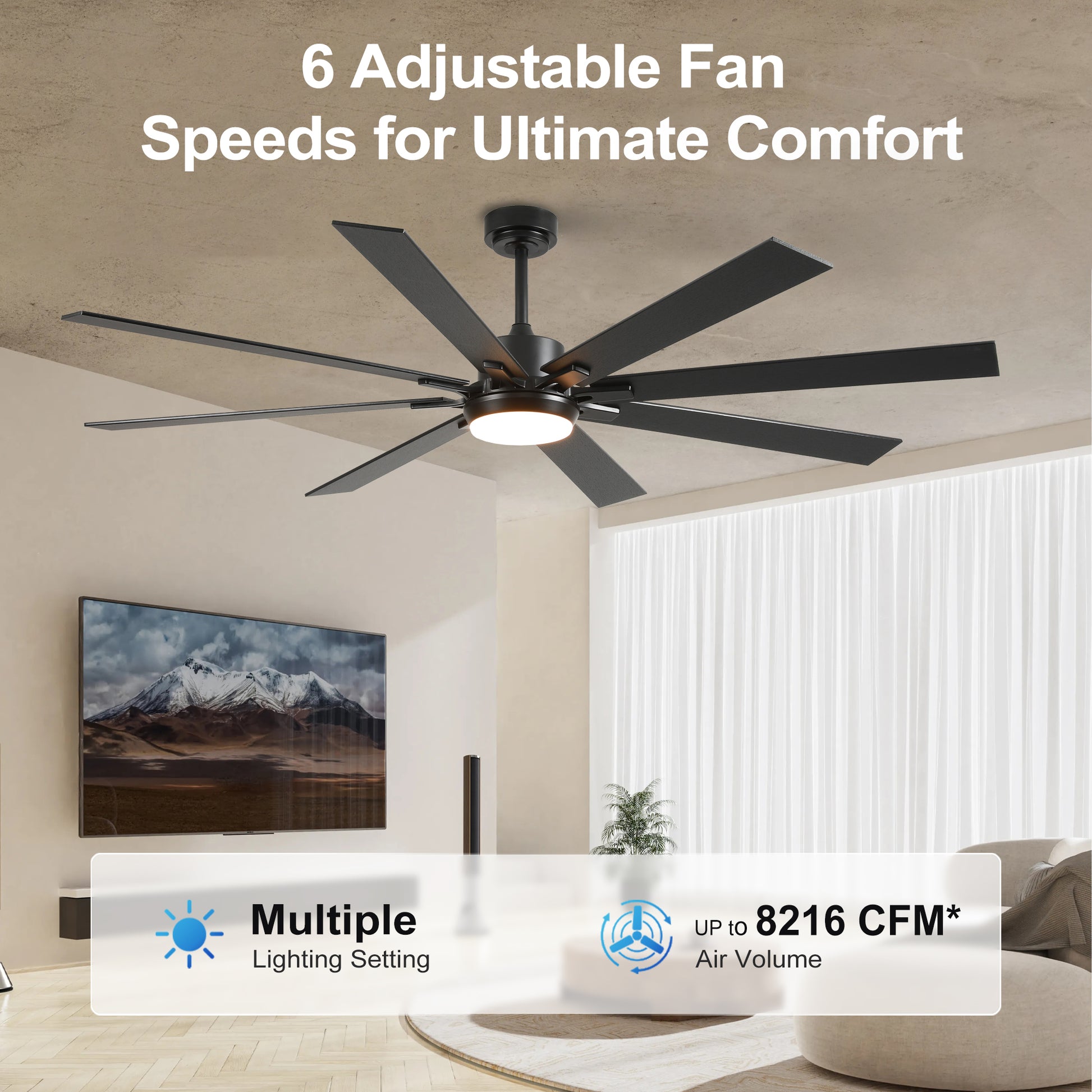 72" Matte Black 8-Blade Ceiling Fan with Dimmable LED - view 5