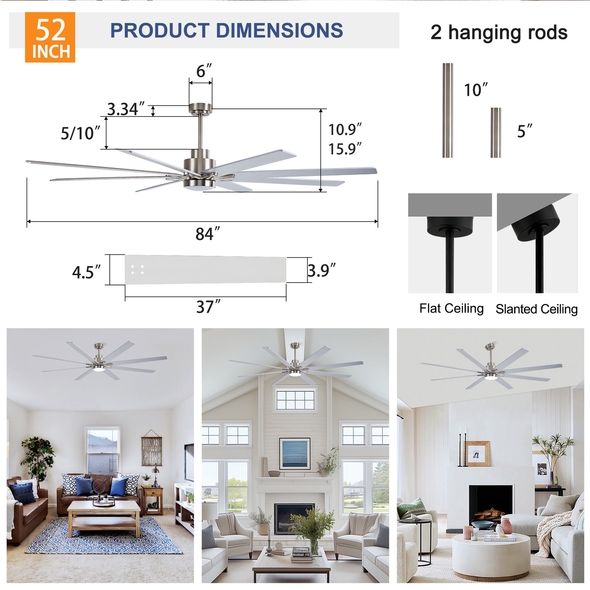 84" Nickel 8-Blade Ceiling Fan with Dimmable LED - view 13