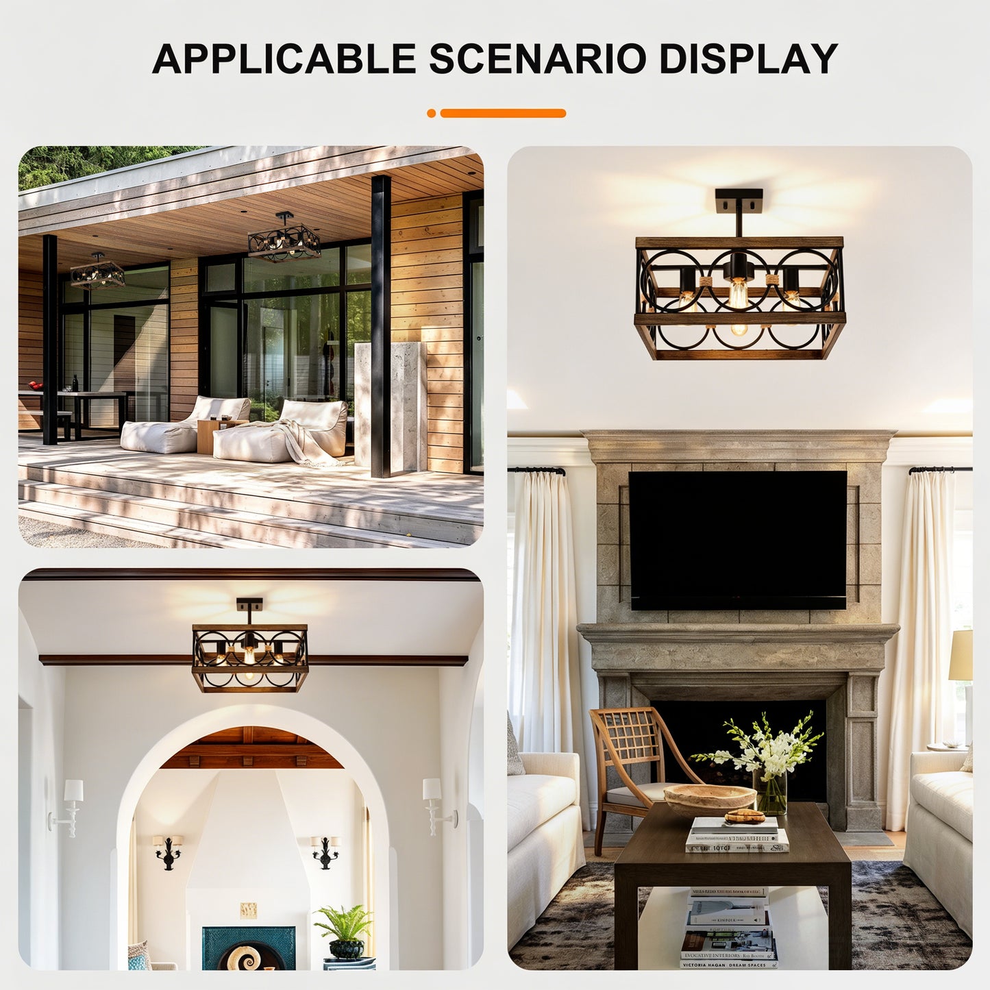 4-Light Wood & Black Farmhouse Flush Mount Ceiling Light - view 6