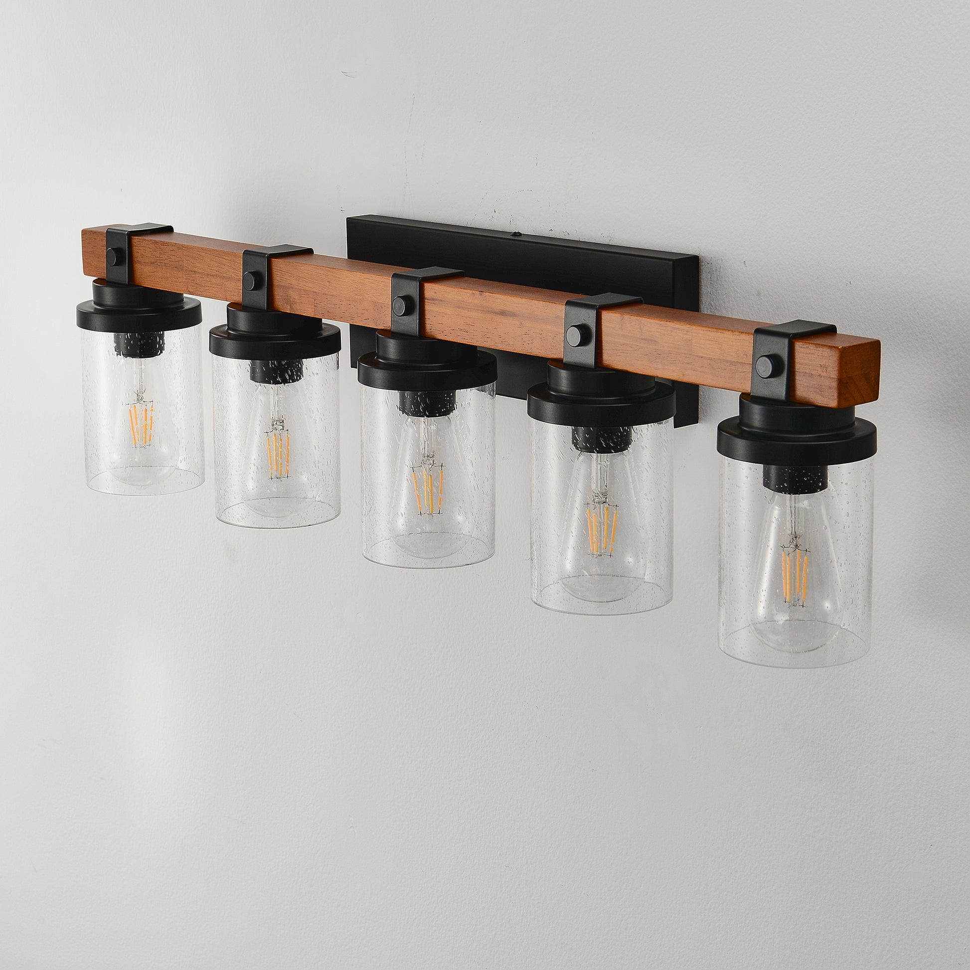 5-Light Matte Black & Wood Wall Light with Glass Shades - view 15