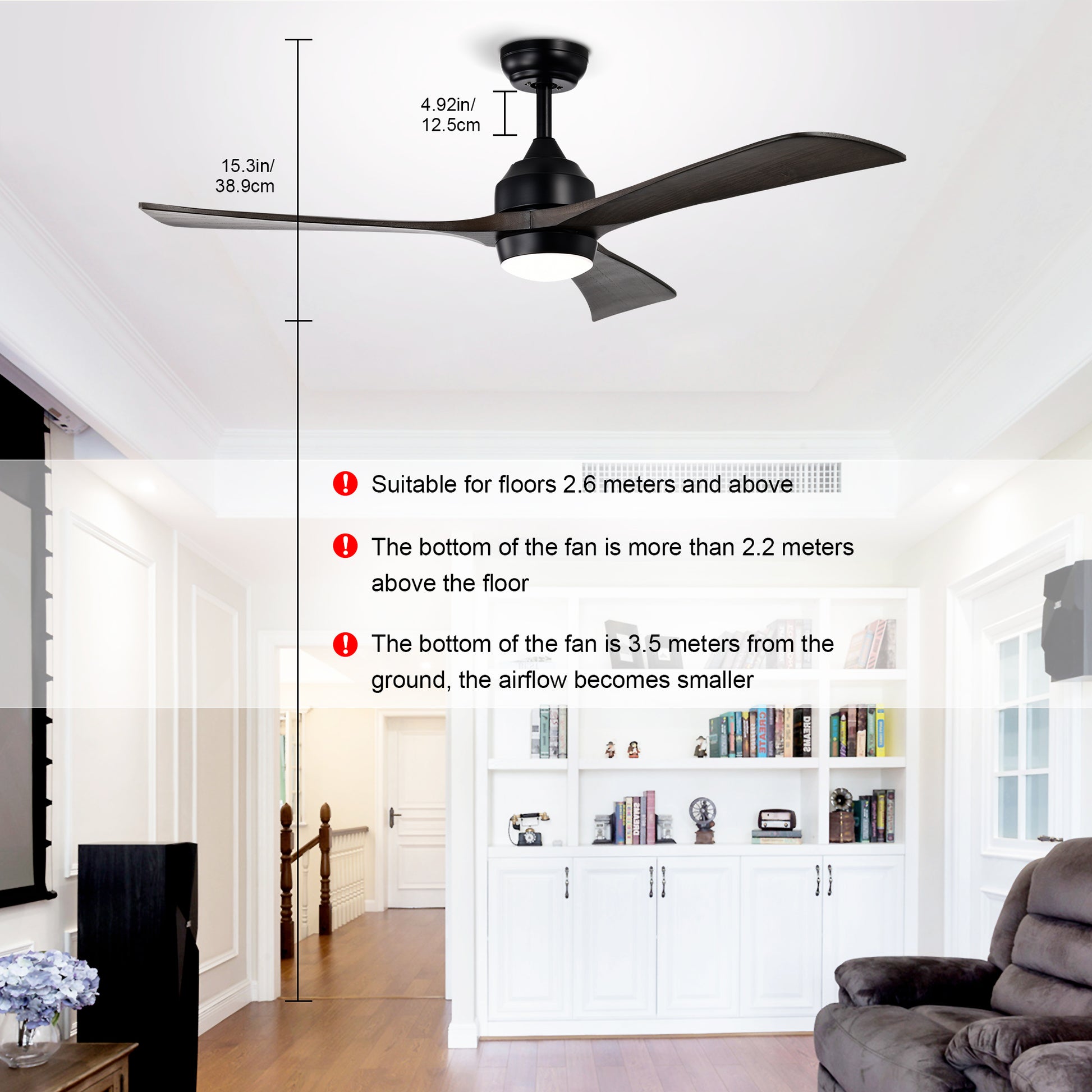 52" Matte Black Solid Wood Ceiling Fan with Remote - view 8