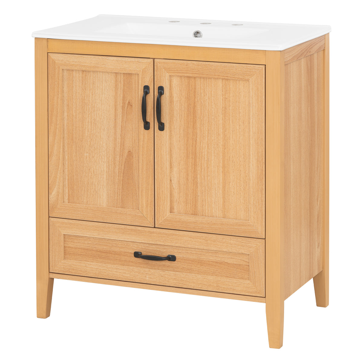 30" Natural Wood Bathroom Vanity with Sink & Black Handles