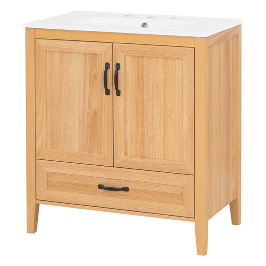 30" Natural Wood Bathroom Vanity with Sink & Black Handles