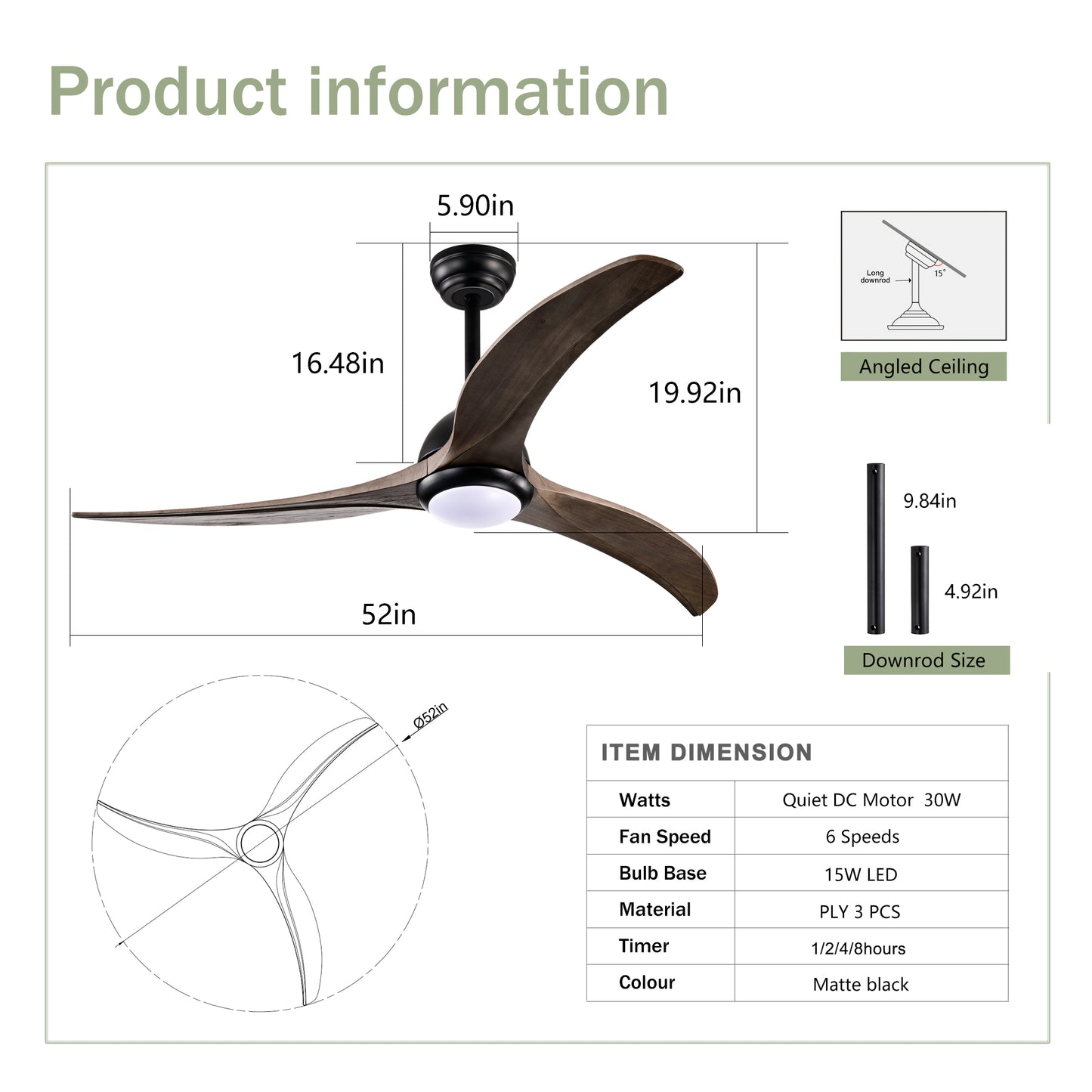 52" Matte Black Solid Wood Ceiling Fan with Remote - view 7
