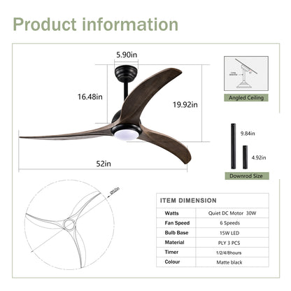 52" Matte Black Solid Wood Ceiling Fan with Remote - view 7