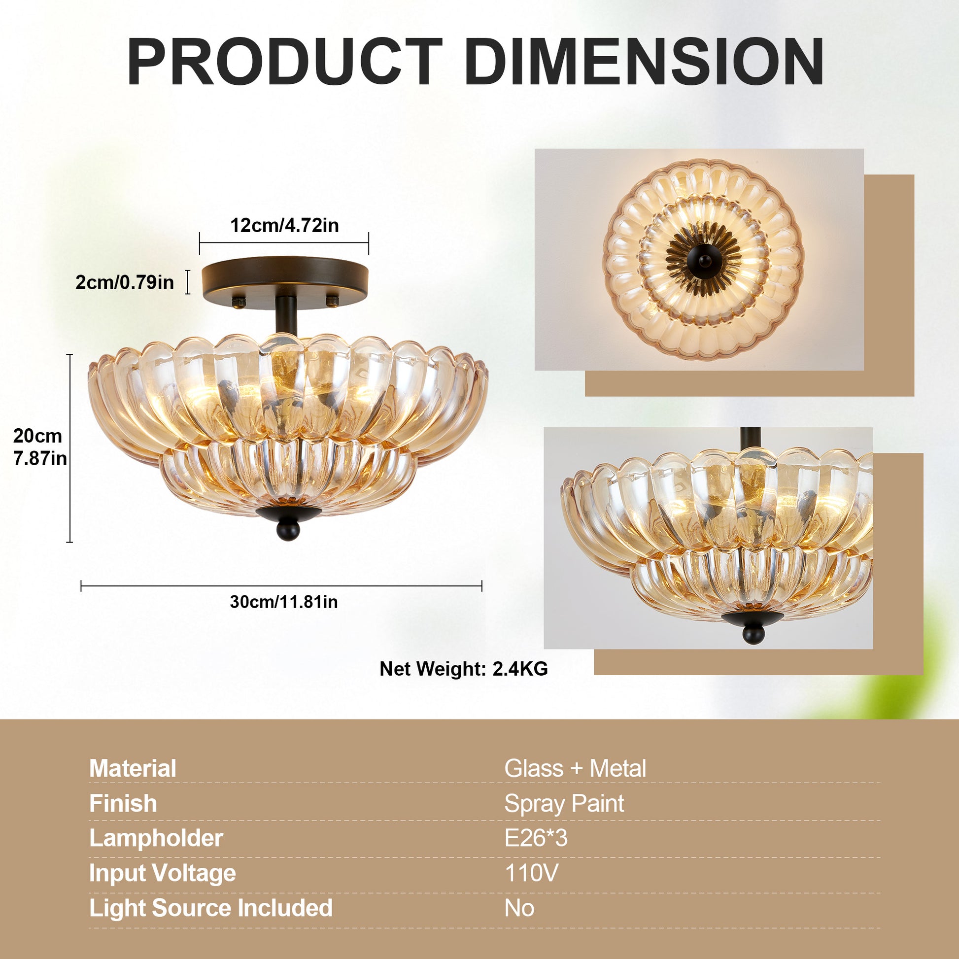 3-Light Black Semi Flush Ceiling Light with Amber Glass - view 9