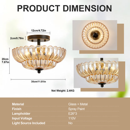 3-Light Black Semi Flush Ceiling Light with Amber Glass - view 9