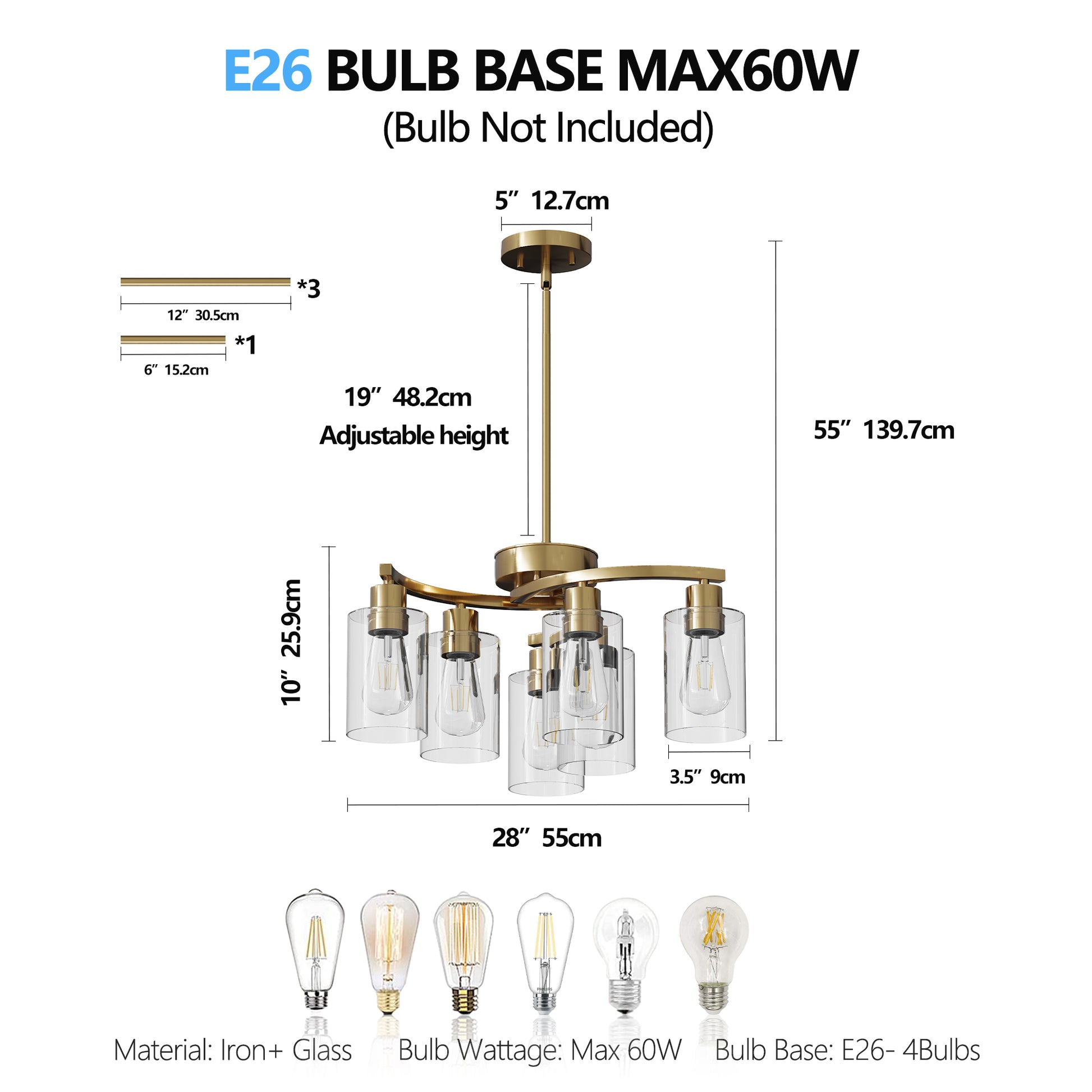 6-Light Gold Chandelier with Clear Glass Shades - view 7