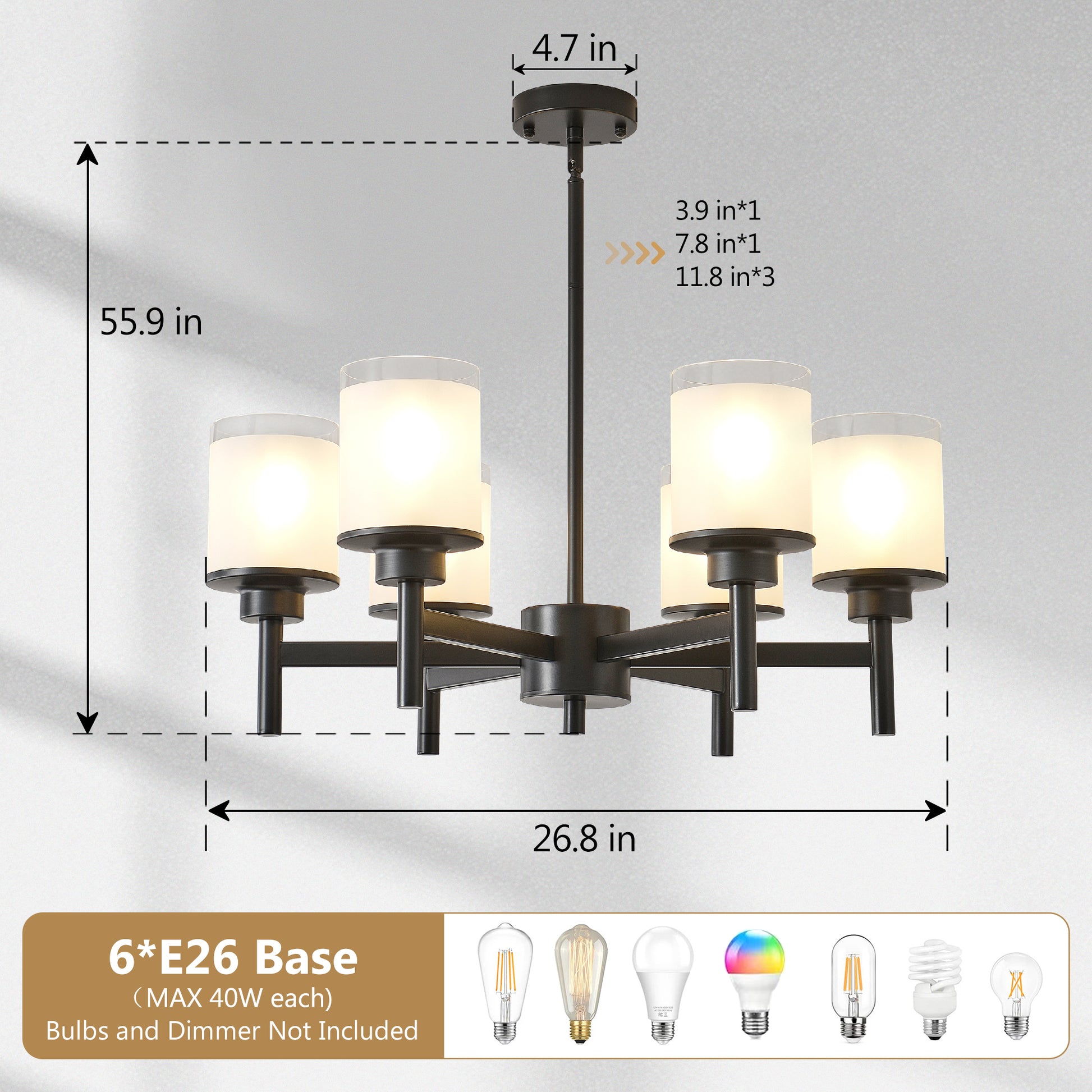 6-Light Black Farmhouse Chandelier with Frosted Glass - view 5