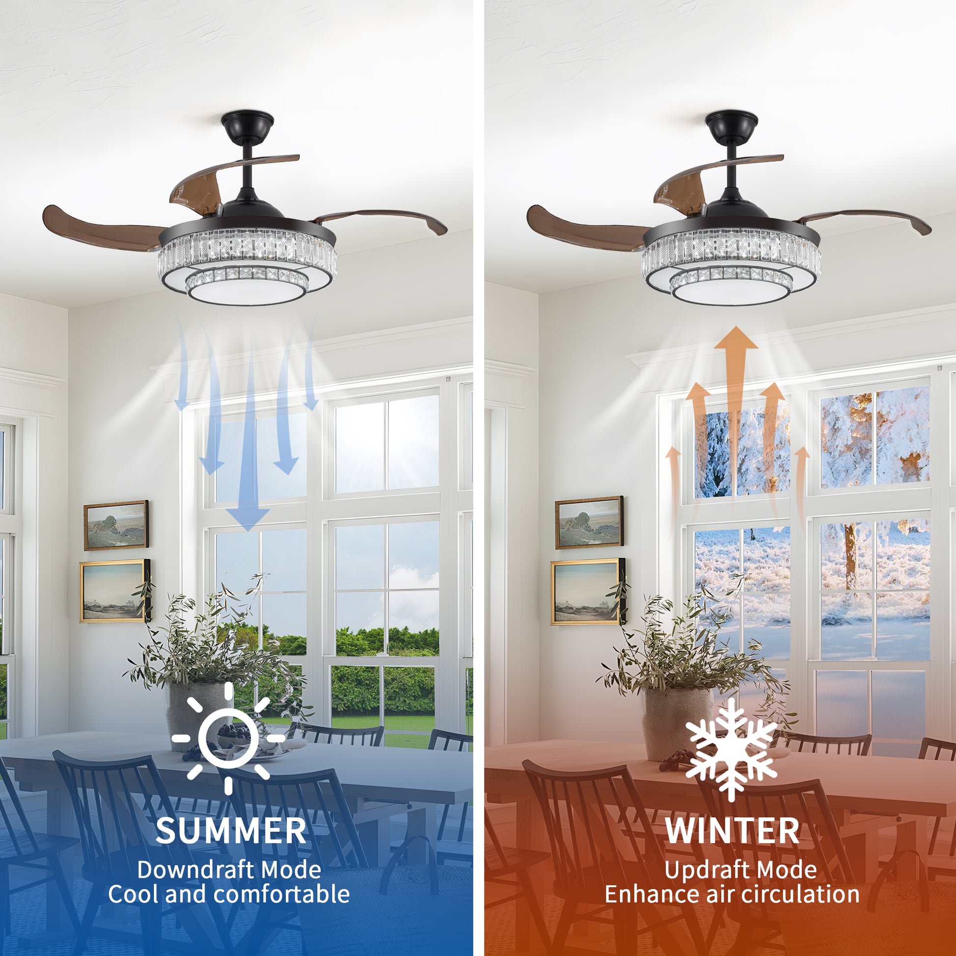 48" Black Crystal Retractable Ceiling Fan with Remote - view 7