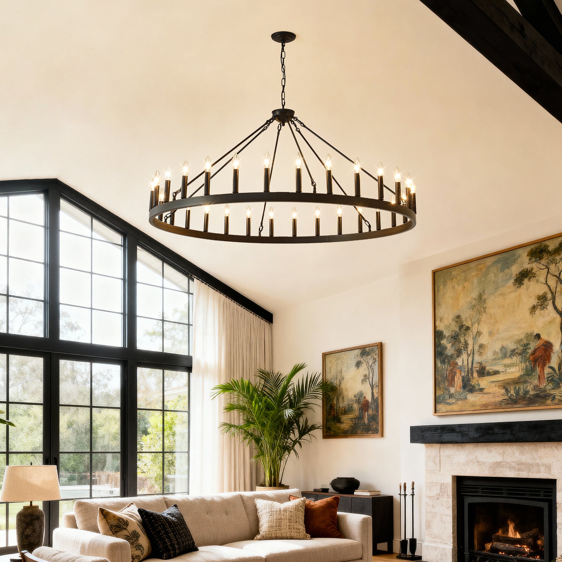 53.15" Matte Black Wagon Wheel Chandelier, 30-Light - view 3