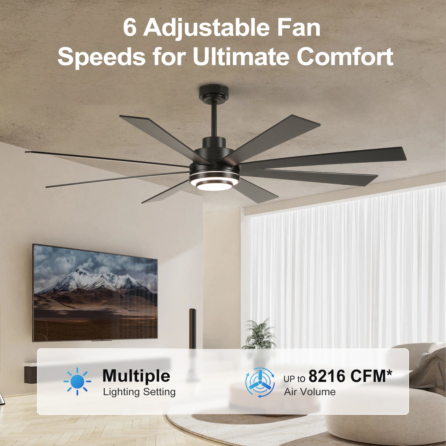 72" Matte Black 8-Blade Ceiling Fan with Dimmable LED - view 3