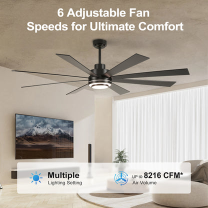72" Matte Black 8-Blade Ceiling Fan with Dimmable LED - view 3