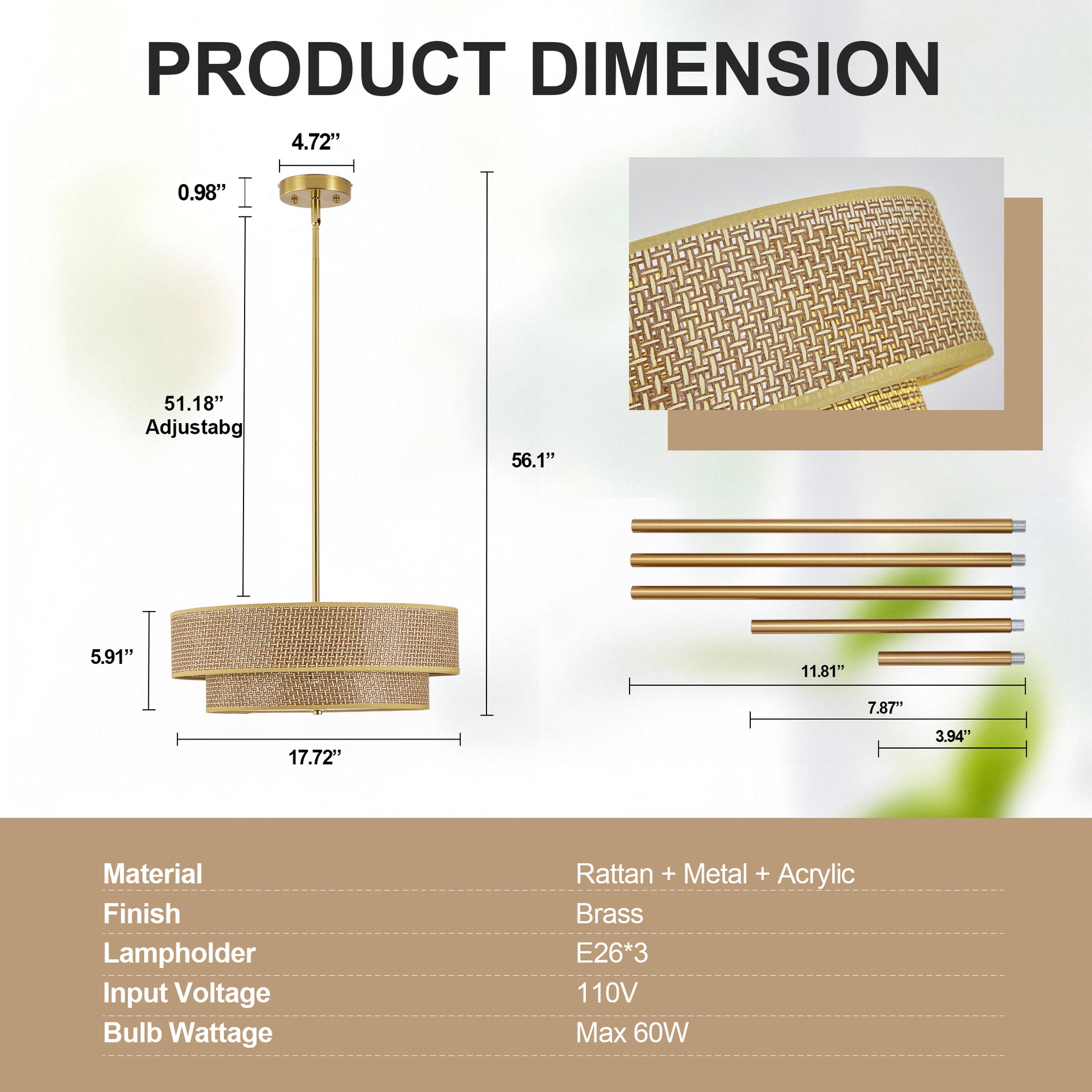 17.7" Gold Woven Rattan Semi Flush Mount Chandelier - view 8