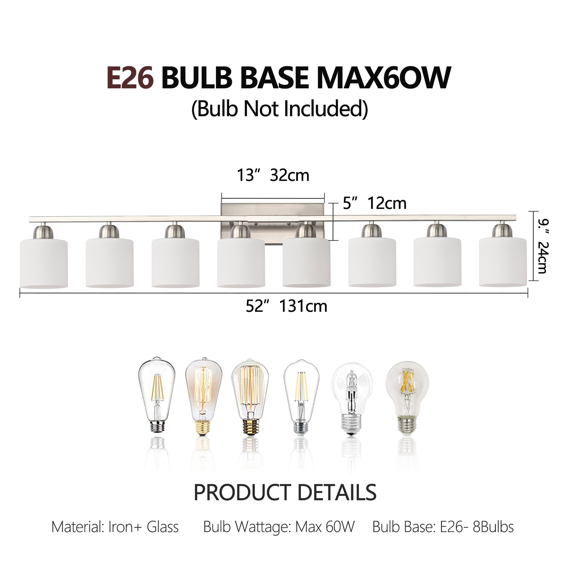 52" 8-Light Nickel Vanity Light with Milky Glass Shades - view 8