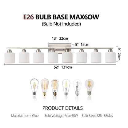 52" 8-Light Nickel Vanity Light with Milky Glass Shades - view 8
