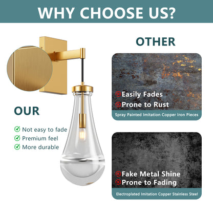 Brass Wall Light with Raindrop Glass, Dimmable LED - view 6