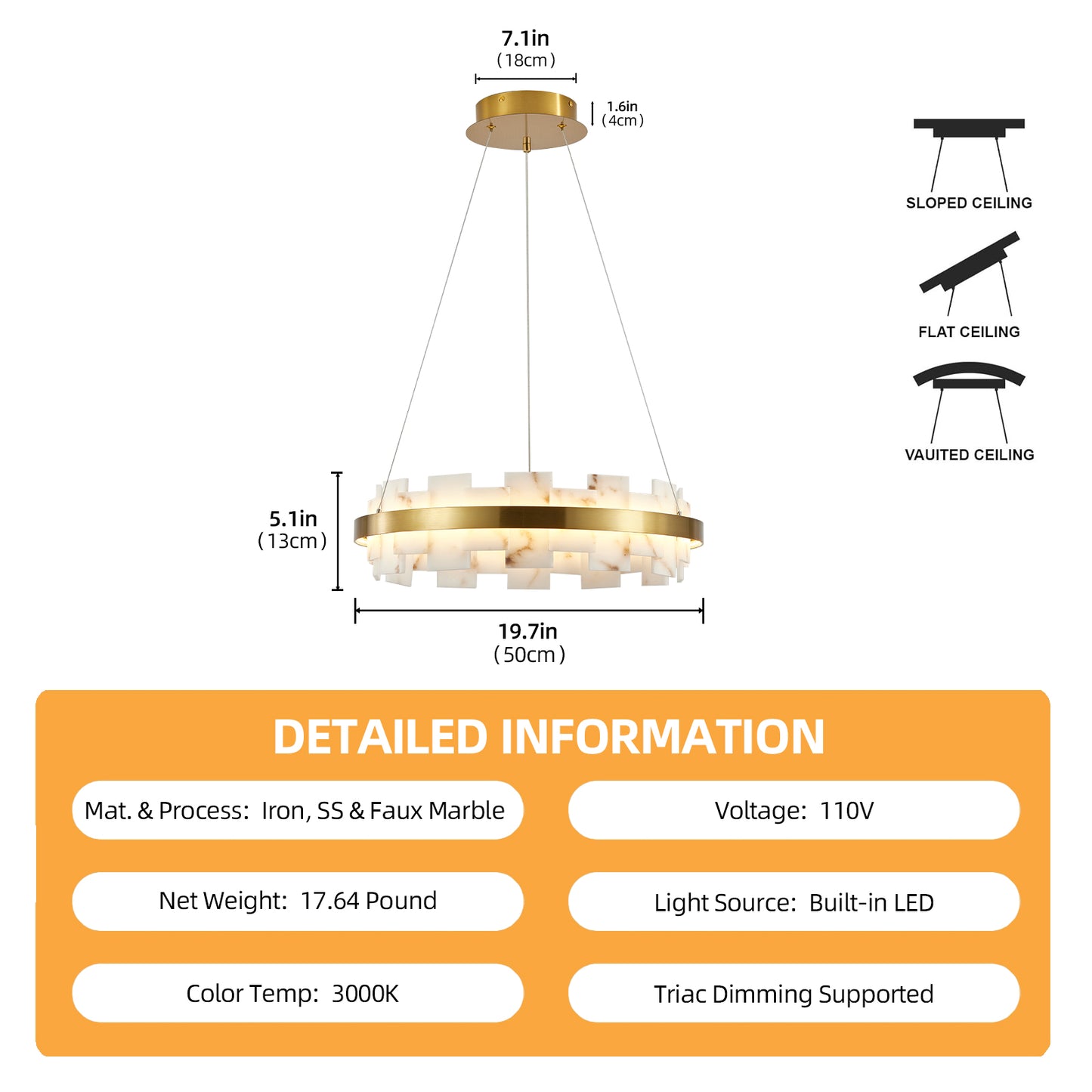 20" Gold Alabaster Round Flush Mount Chandelier - view 6