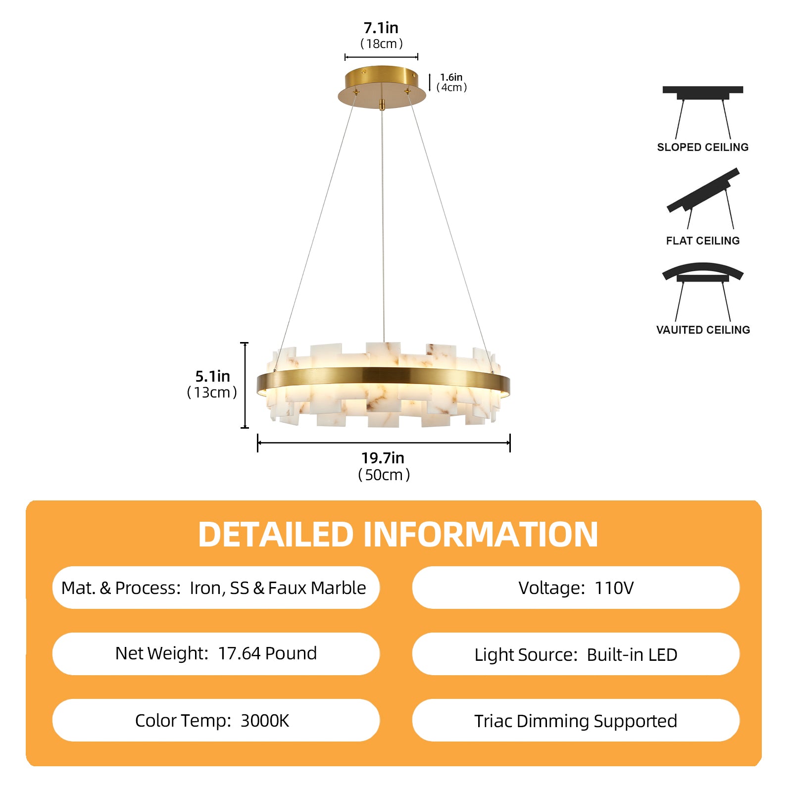20" Gold Alabaster Round Flush Mount Chandelier - view 6