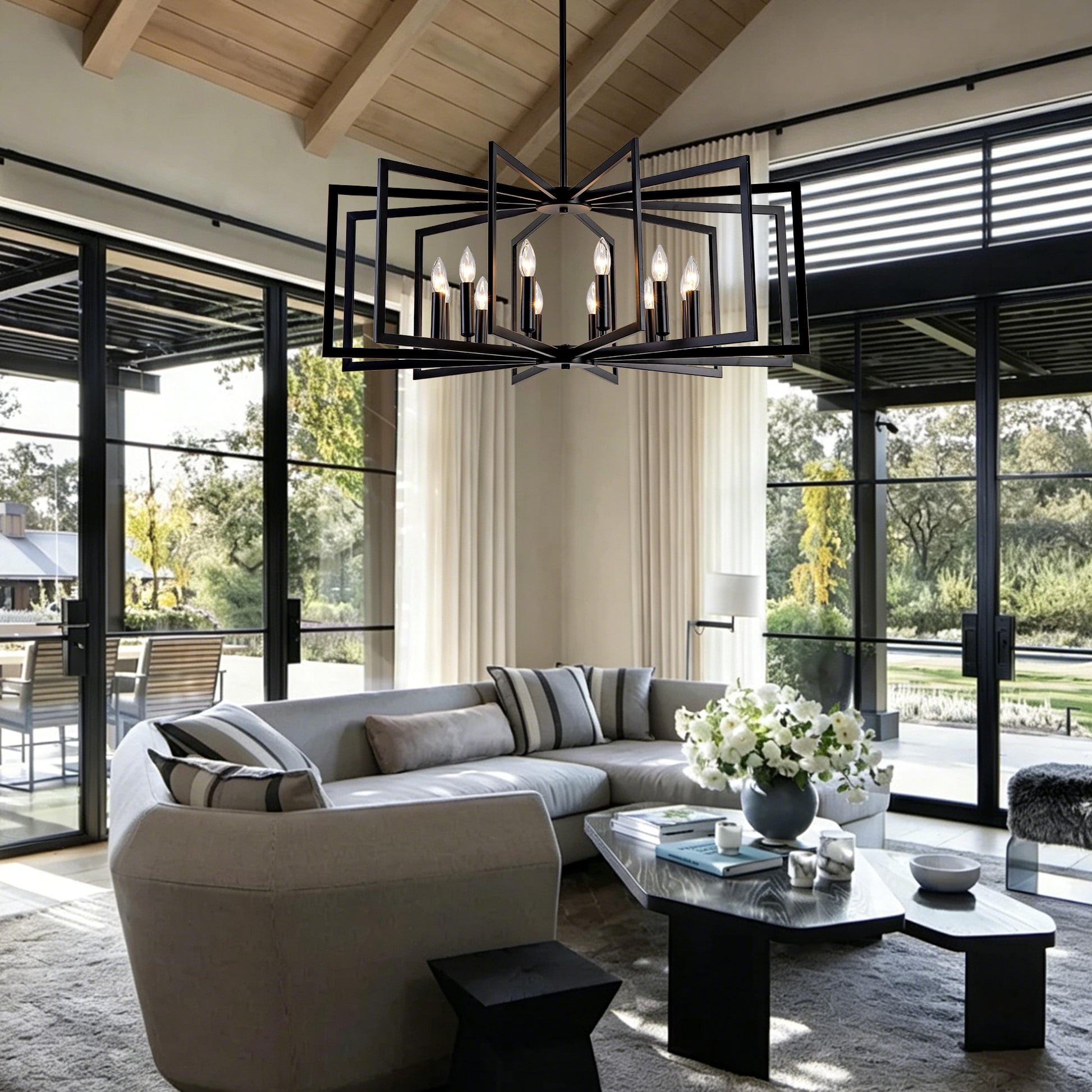 12-Light Matte Black Tiered Lantern Farmhouse Chandelier - view 8