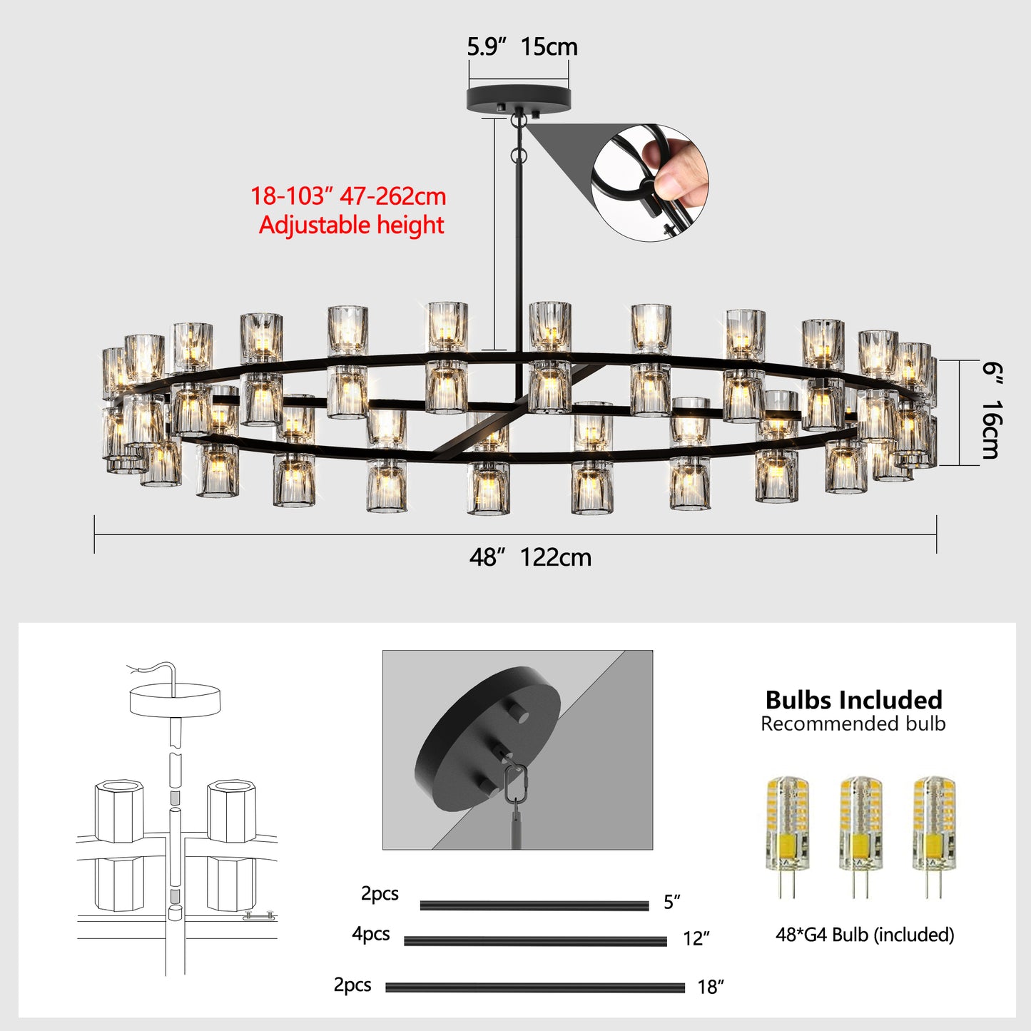 48" Modern Black Crystal LED Chandelier - view 5